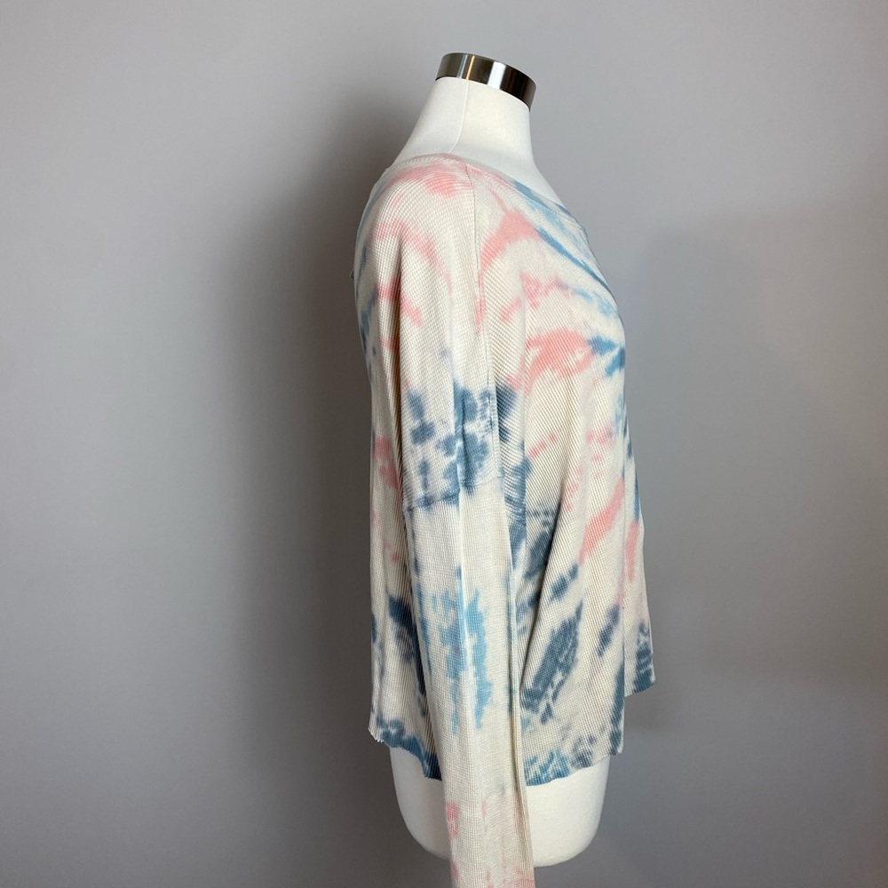Boutique x Royal & Reese Henley Top Thermal Knit Cropped Waffle Knit Tie Dye LG - Picture 4 of 8